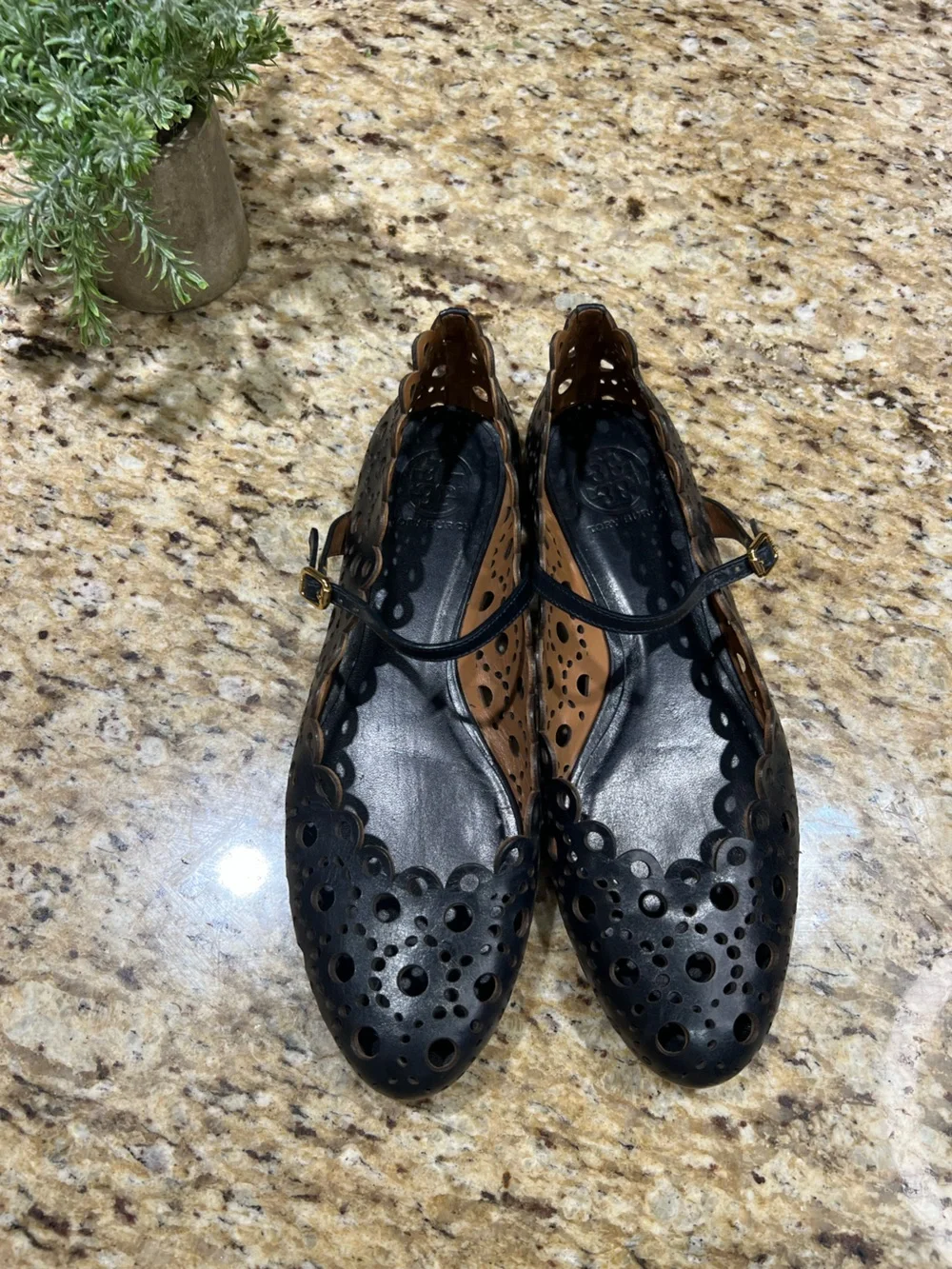 Tory Burch Black Perforated Mary Jane Flats w/ Gold Hardware 10M
